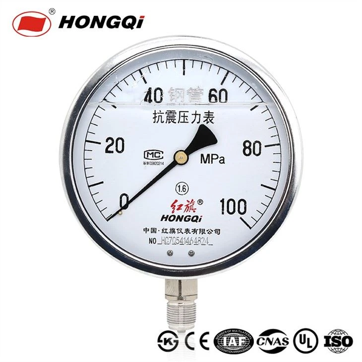 150 mm apakšējā / aizmugurējā stiprinājuma glicerīna eļļa ar vibrācijām izturīgu manometru M20 * 1,5, G1 / 2 ", 1/2" NPT ± 1,6% precizitāte